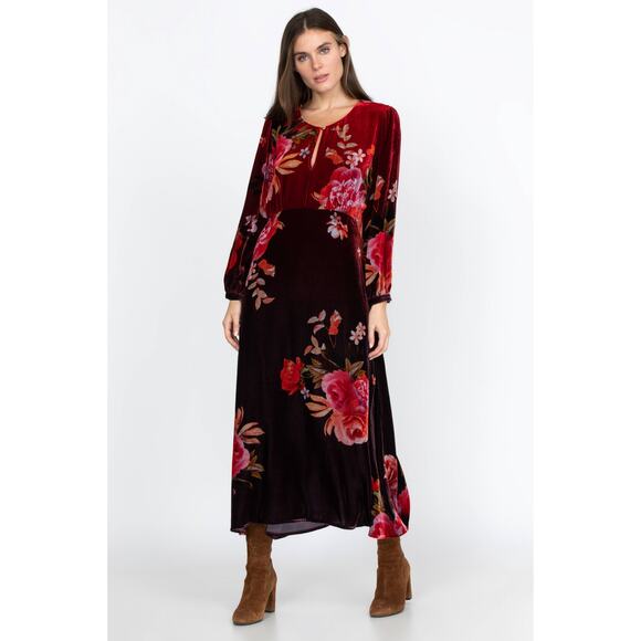 Johnny Was Coralie Velvet Floral Midi Dress XS — Burgundy / Red NWT